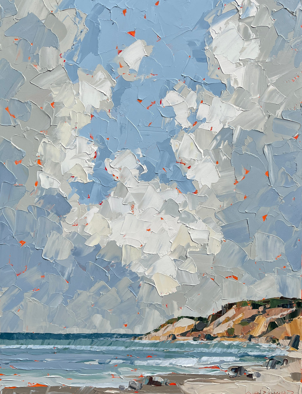 abstract landscape painting of cliffs by the ocean with clouds above