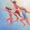 abstract figurative acrylic painting of kids in swimsuits jumping with sunshine behind