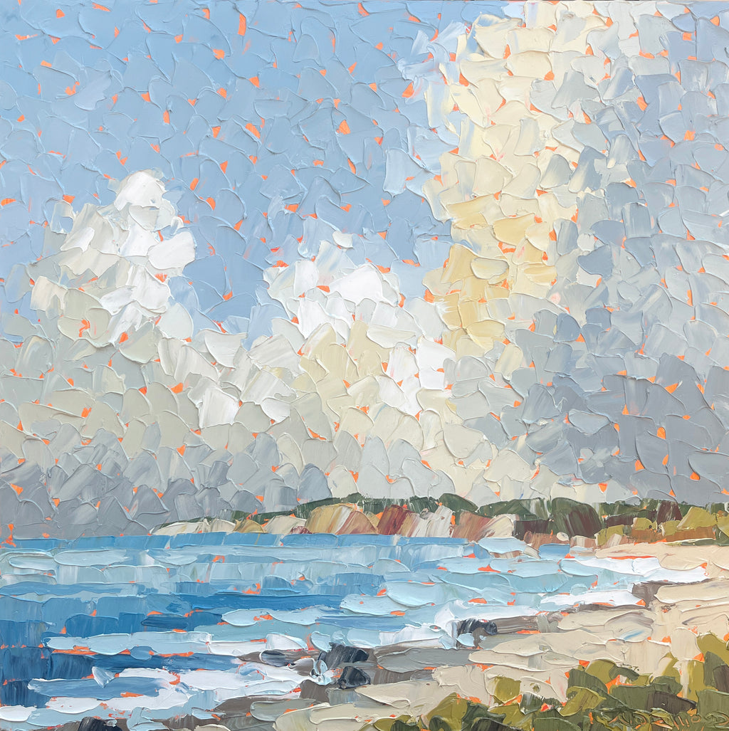 a sky full of clouds rests over the coastal cliffs. deep blue water contrasts against the sand, grass, and sky