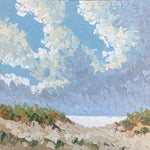 clouds pass gently above the coast: sand dunes and seagrass mark the foreground of the painting