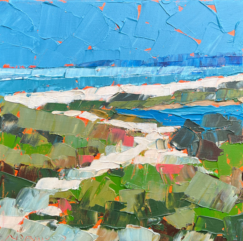 Acrylic painting of greenery in front of a blue pond