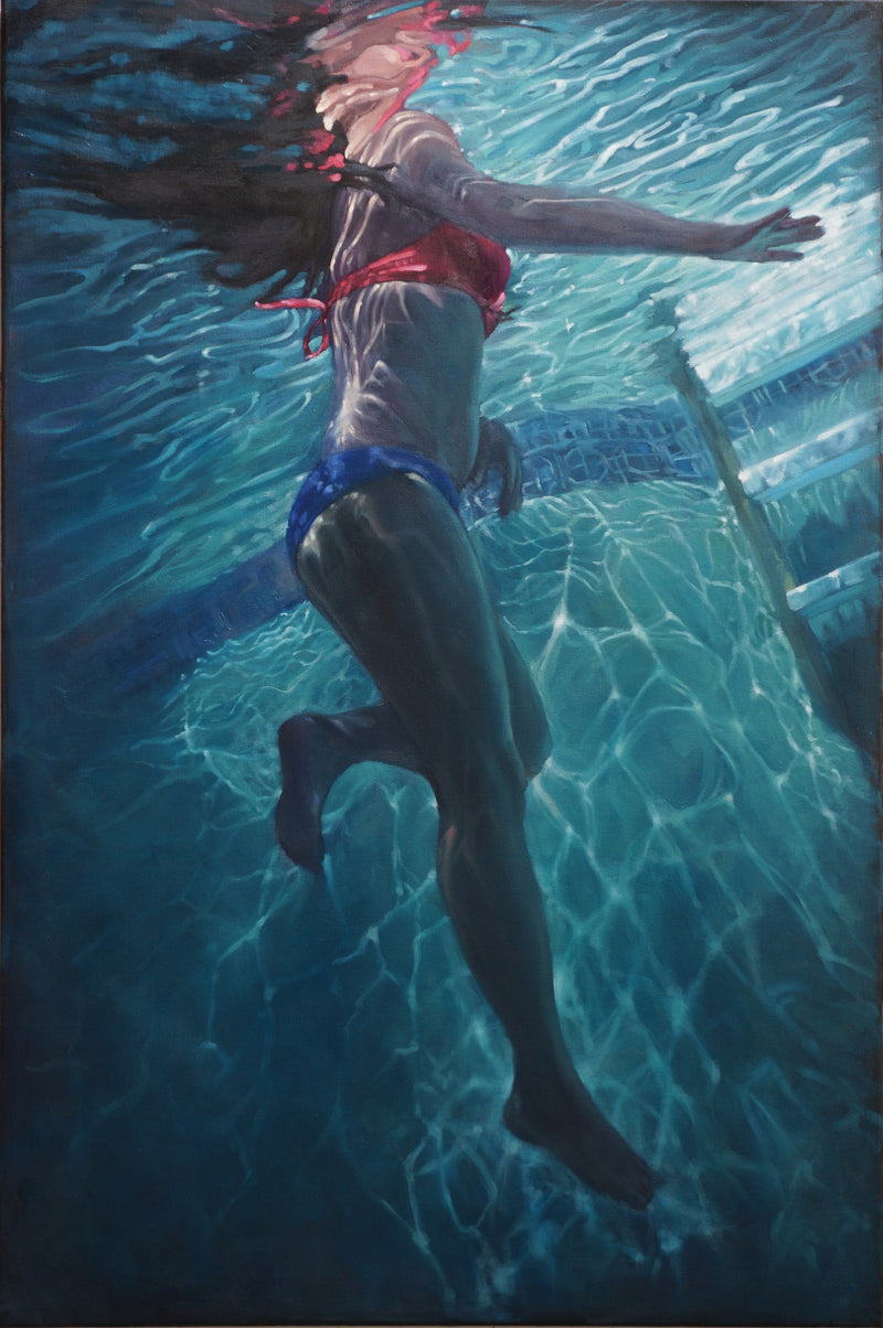 oil painting of a woman in red and blue bikini under water in a pool