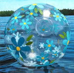 oil painting of a clear beach ball with blue flowers floating on water