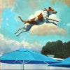 oil painting of a jack russell terrier dog jumping over umbrellas with blue sky and clouds