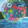 oil painting of a clear beachball with red, green, orange and pink splatter