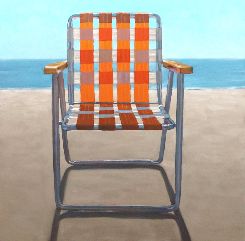 still life oil painting of an orange and white beach chair sitting in the sand in front of the ocean