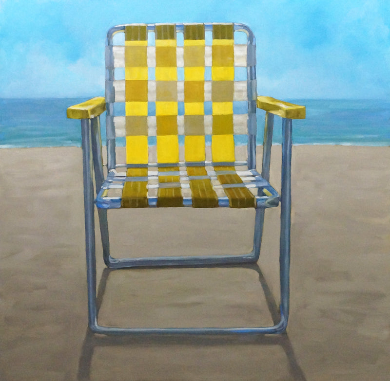still life oil painting of a yellow and white beach chair sitting in the snd in front of the ocean