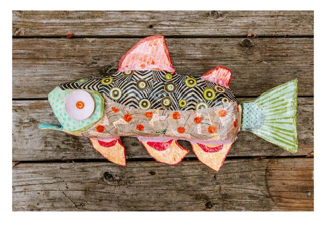 mixed media fish artwork sculpture nautical pink green fish