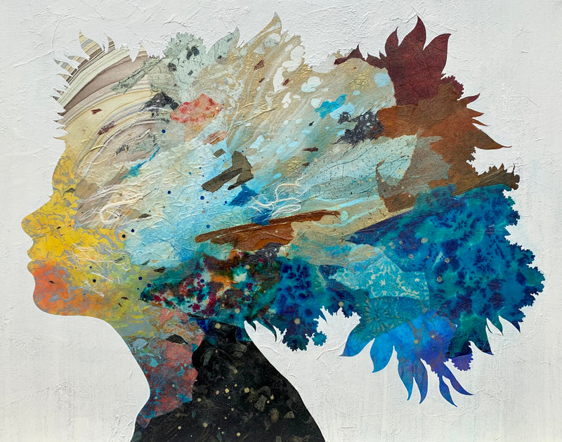 gold leaf handmade paper oil on canvas mixed media abstract portrait 