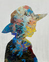 mixed media portrait with oil paint, handmade papers and gold-leaf of a woman in a sunhat