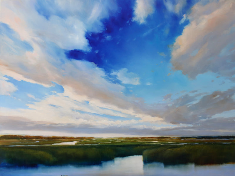 Deep blue, cloudy sky rests over the marsh on the vineyard