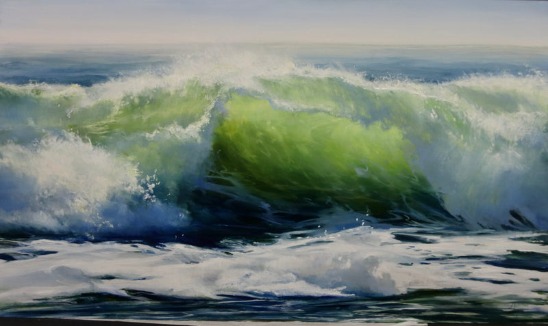 Captivating painting of wave crashing on the shore. White seaspray scatters the foreground 