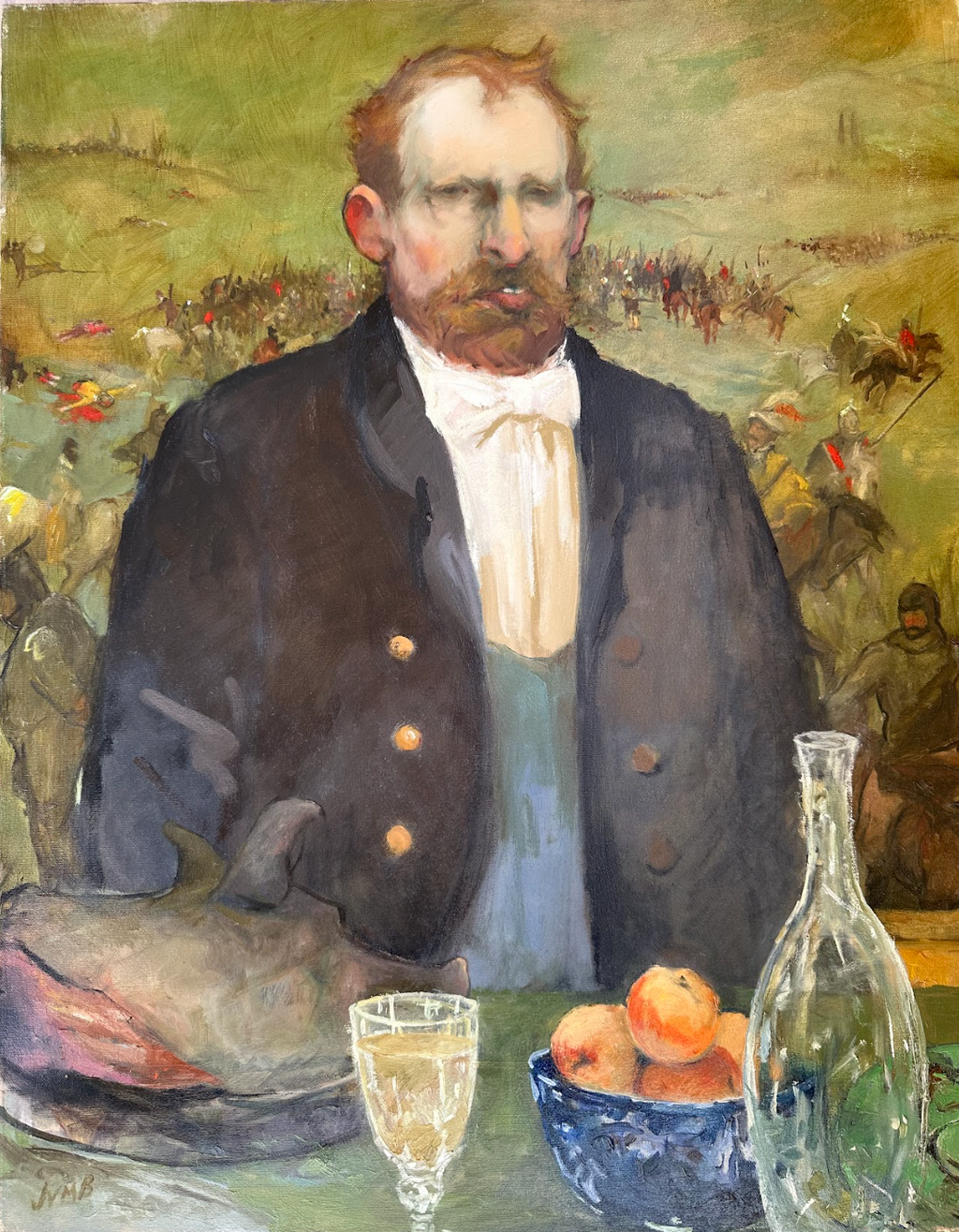portrait of a butler in a suit standing front of the dining table with painting of battle behind him