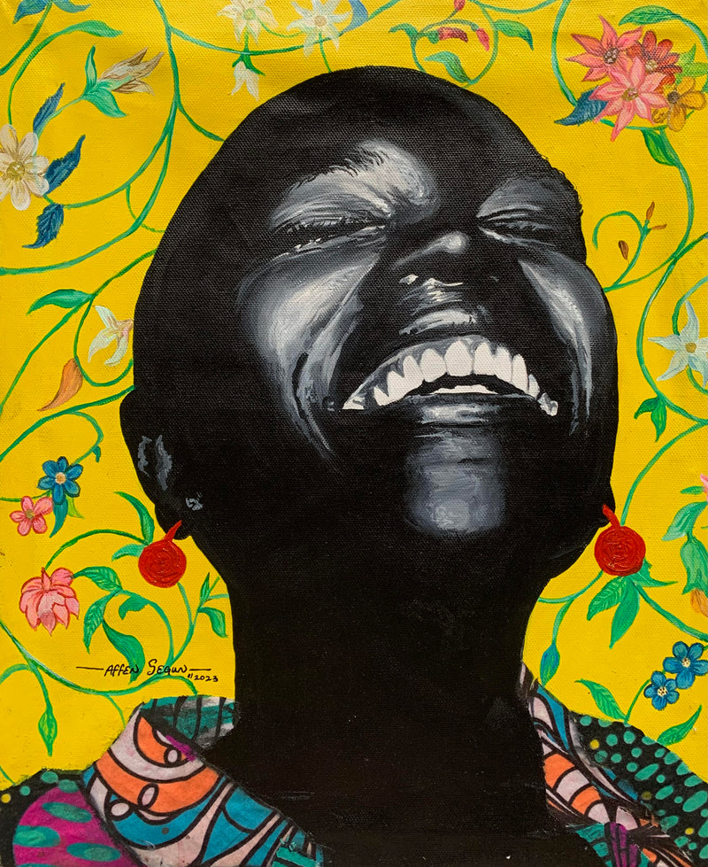 Colorful mixed media portrait of a young Black woman smiling with yellow and floral background, acrylic and fabric