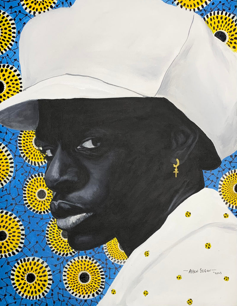 mixed media portrait of a black man with white hat and blue and yellow background, fabric, acrylic