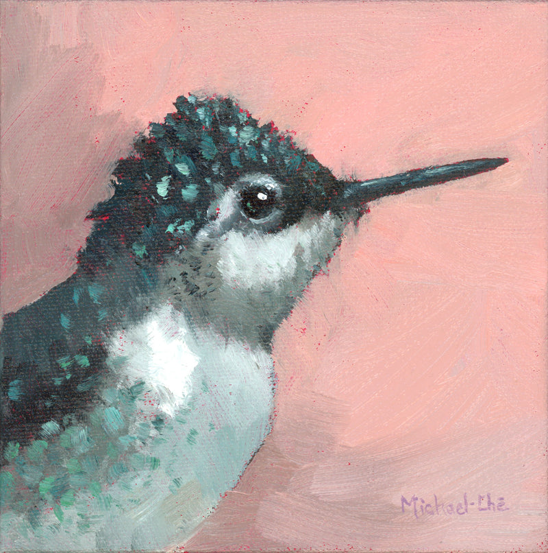 Small oil painting of a woodpecker over a pink background