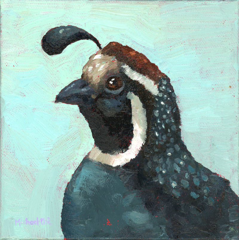 Small oil painting of a quail against a turquoise background