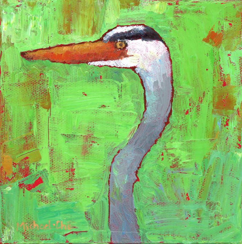 Small oil painting of a stork over a green background