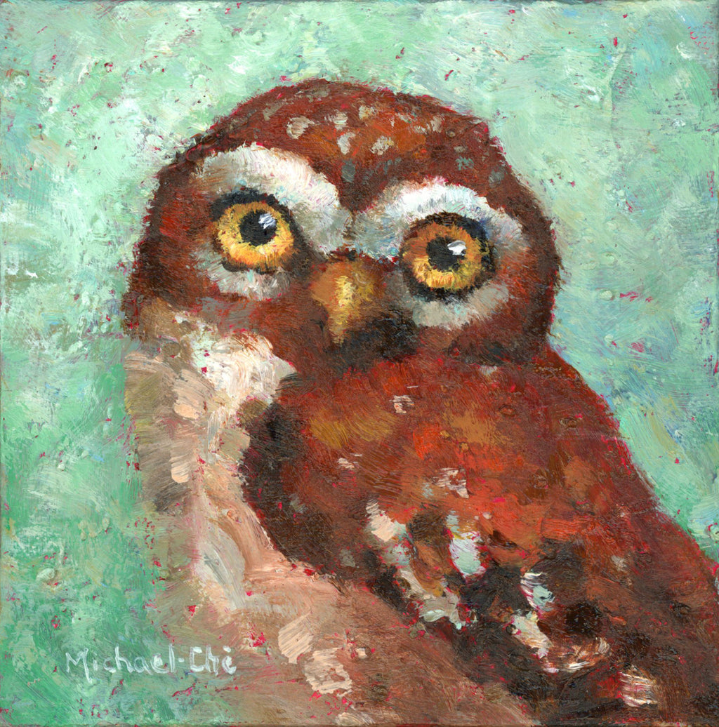 Small oil painting of an owl against a turquoise background