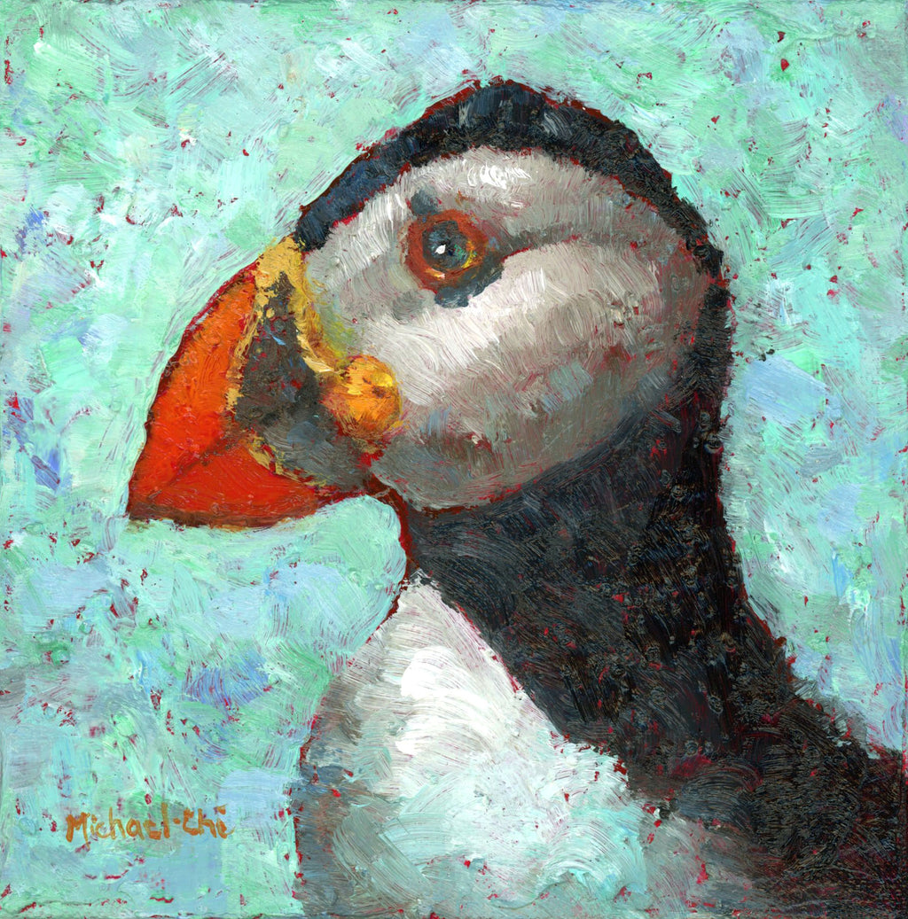 Small oil on canvas painting of a puffin bird against a turquoise background