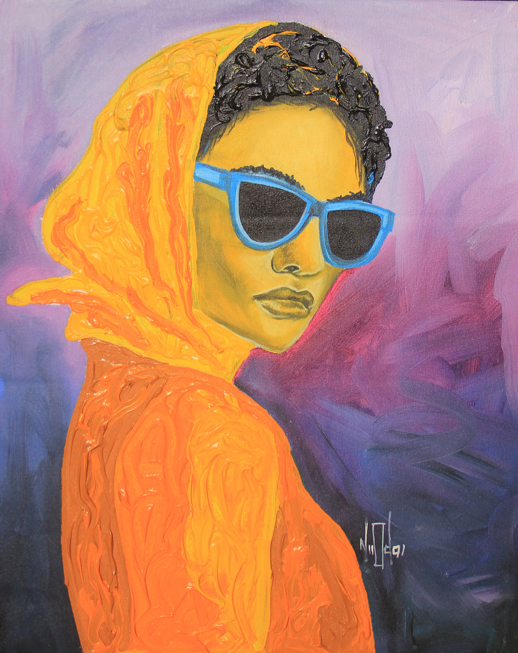 acrylic painting of a black woman with orange scarf and top, blue sunglasses and purple background
