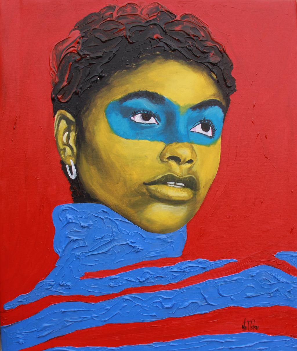 Acrylic paintin of a black woman with red and blue textured turtleneck and red background