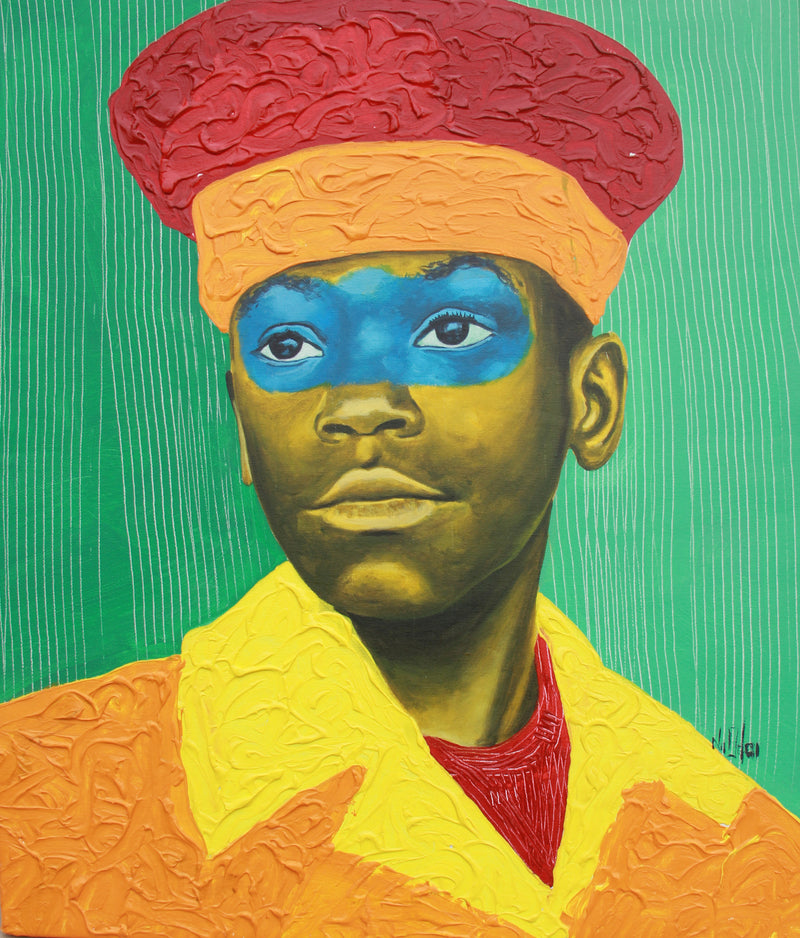 acrylic painting of an African boy with red and orange hat and green background
