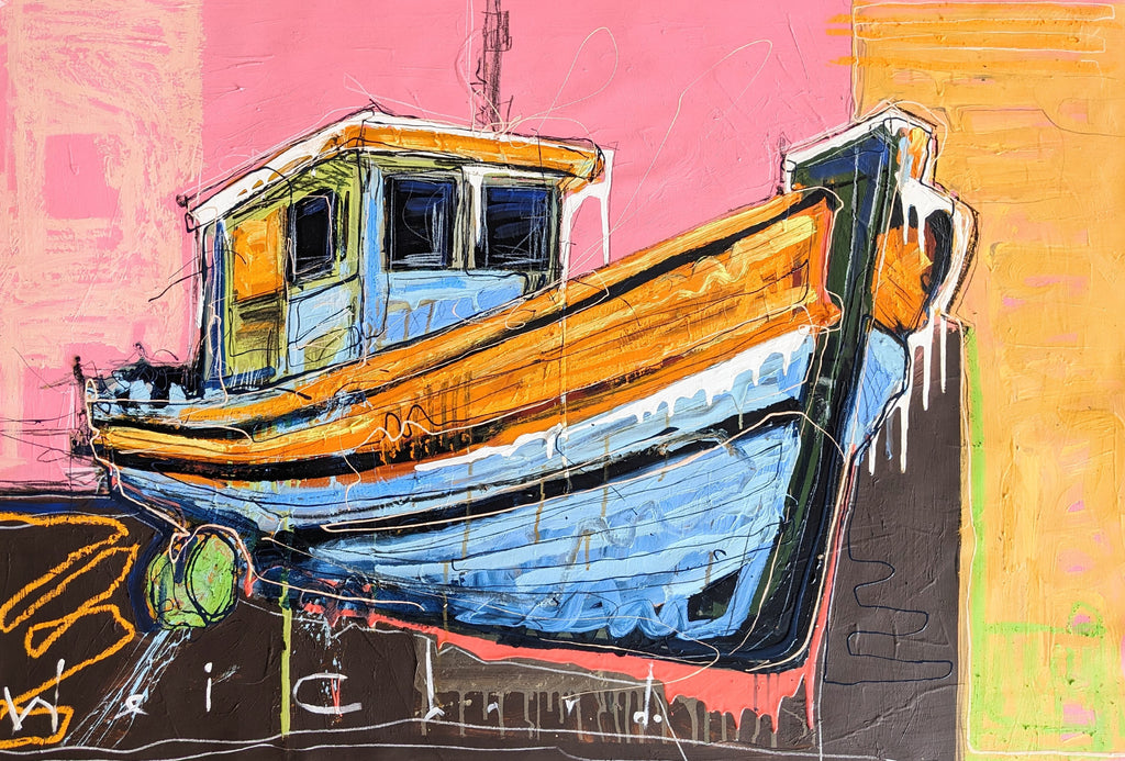Boat journeys toward the shore at sunset