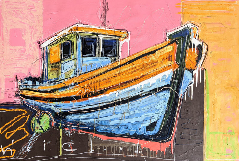 Boat journeys toward the shore at sunset