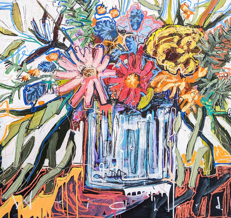 colorful flowers stretch outside their vase, coloring their space