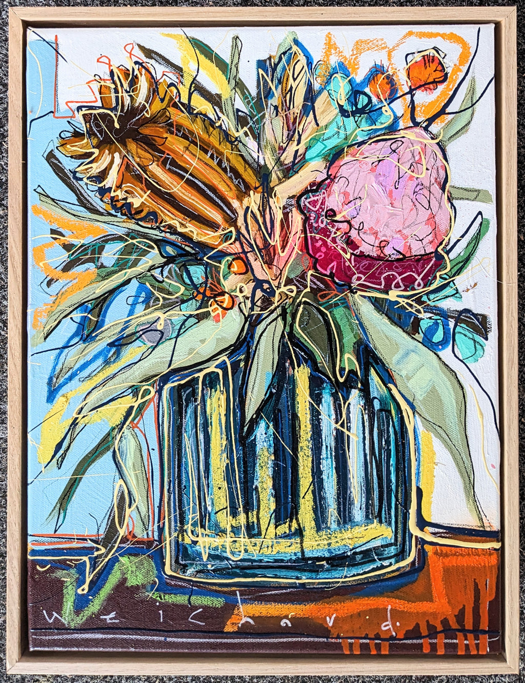 vertical painting of a colorful vase of flowers