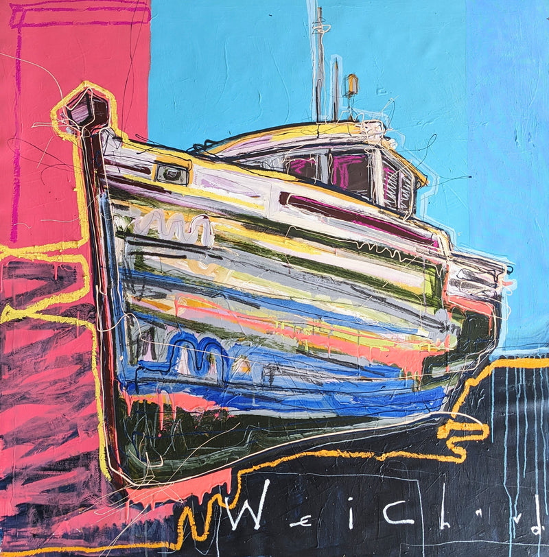 colorful painting of a boat coming into shore