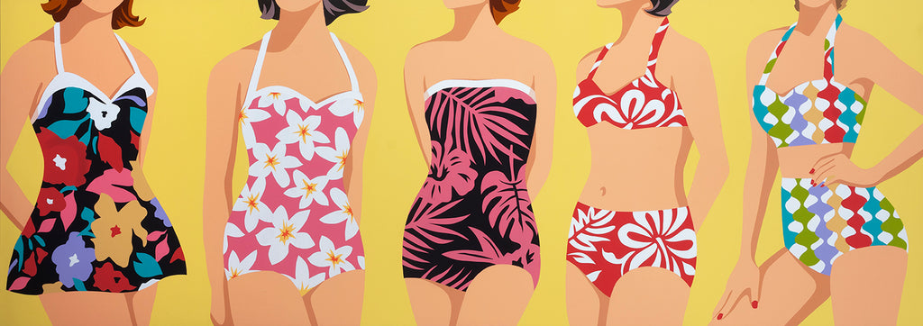 pop art painting of women in colorful bathing suits on yellow background