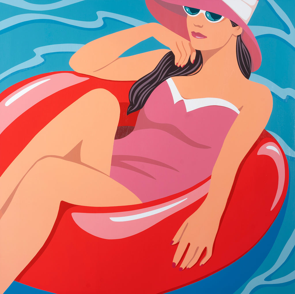 pop art painting of a woman in pink bathing suit with a hat relaxing on red inflatable in the pool