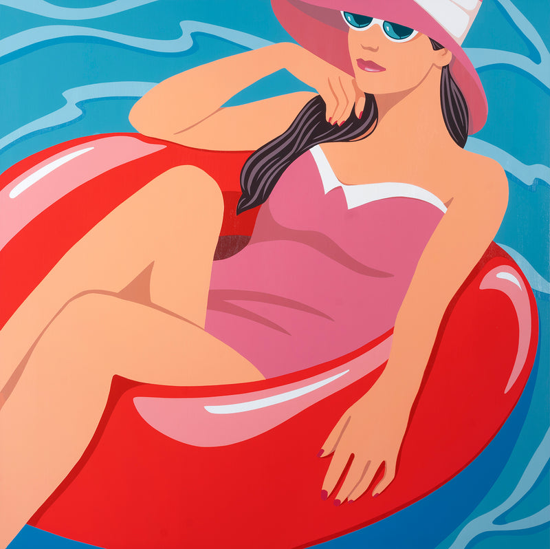 pop art painting of a woman in pink bathing suit with a hat relaxing on red inflatable in the pool
