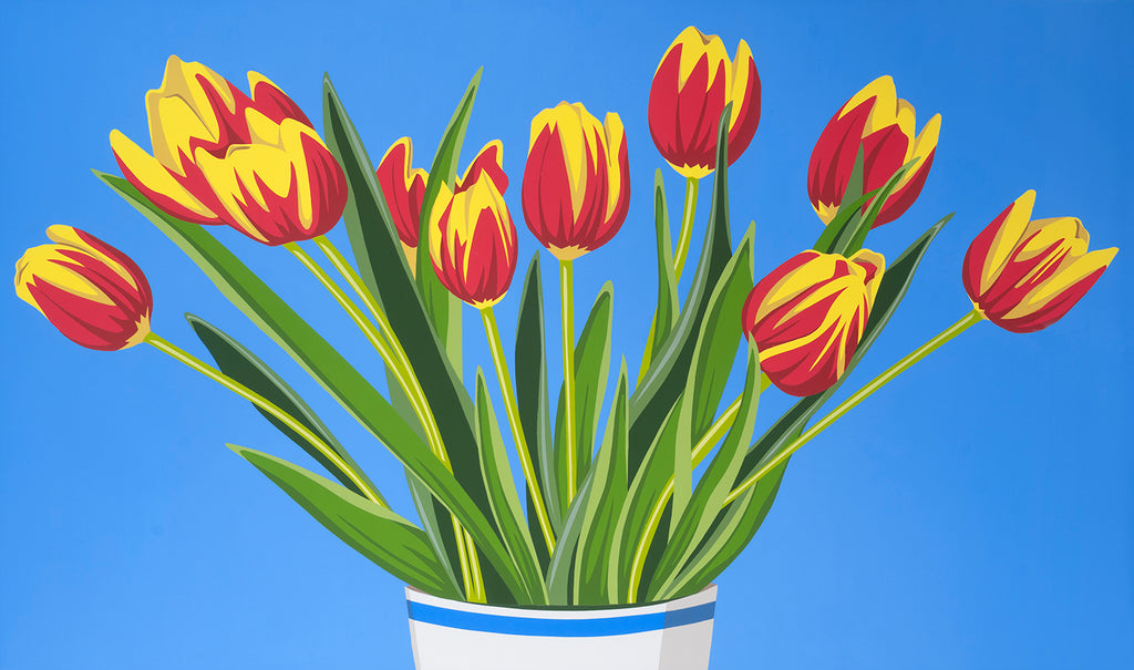 pop art painting of red and yellow tulips in a vase with blue background 