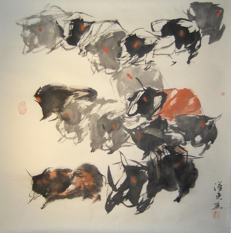 abstract chinese ink painting of oxen