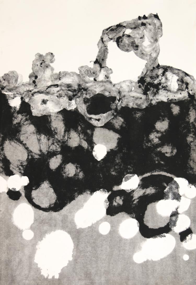 Abstract black, white and grey artwork, ink, wool on paper