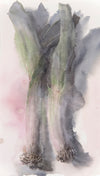 Watercolor painting by Wendy Artin of dark, faded leeks and stained background