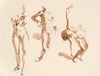 Nude watercolor painting by Wendy Artin of three women in various dance positions facing forward