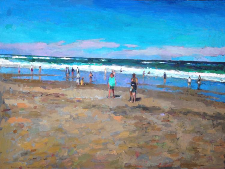 Large Oil Painting by Larry Horowitz of a beach with people walking along. A bright bright blue sky in the background with clouds in the distance.