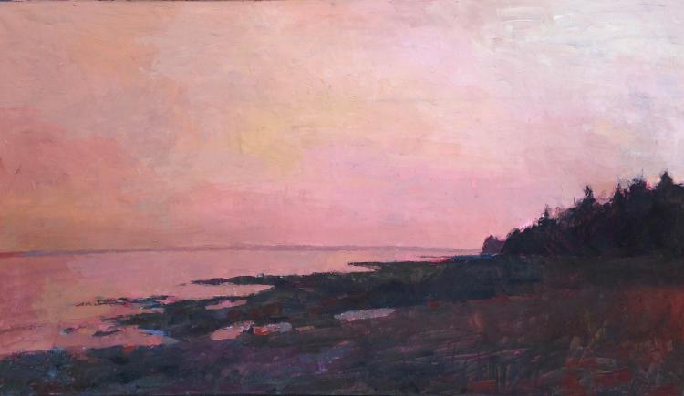 Oil painting by Larry Horowitz of a pink sunset over the ocean that silhouettes brush in the forground.