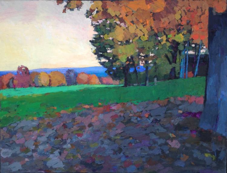 Oil painting by Larry Horowitz of an orange oak and fallen leaves below it with more trees and the ocean in the background