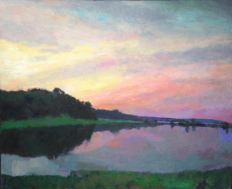Oil painting by Larry Horowitz of a yellow, pink, and purple sunset over a pond in the foreground. Green grass and dark trees reside along the waters edge.