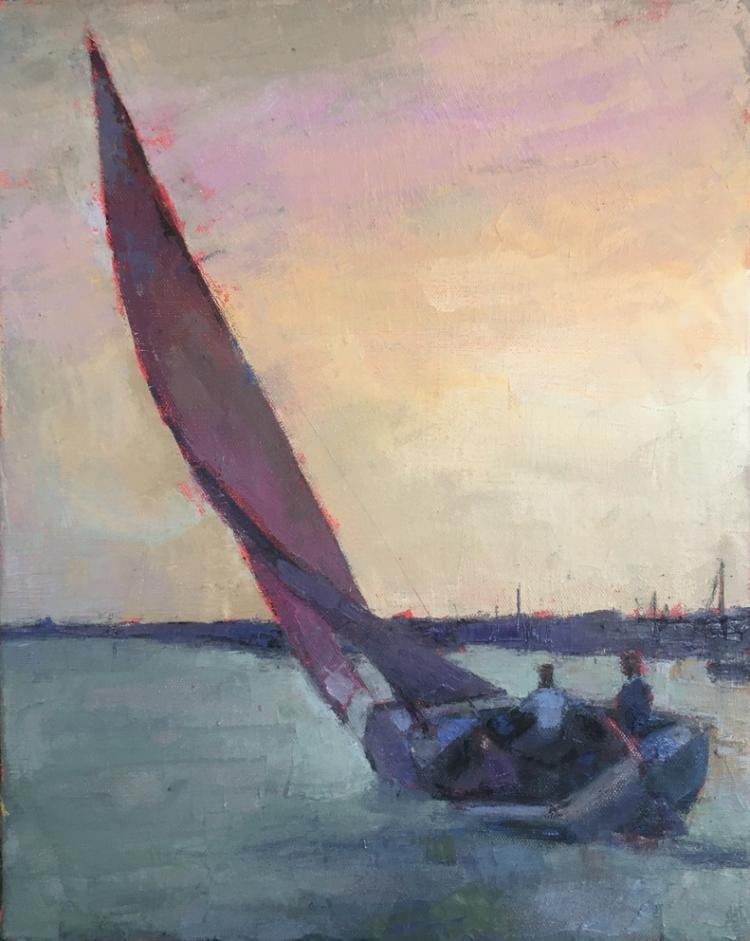 Oil painting by Larry Horowitz of a sailboat on the water with two people aboard against a pastel pink and yellow sky. There is a dock with many boats out in the distant.
