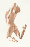 Nude oil painting by Wendy Artin of a woman performing a ballet jump with arms tucked behind head and knees bent with pointed toes