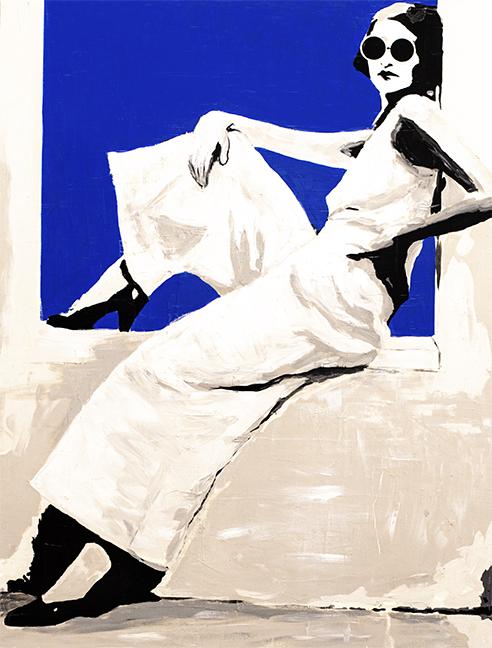 Mixed media painting by Holly Manneck of a a woman wearing sunglasses reclines on a ledge in a cream outfit with a deep blue background behind her