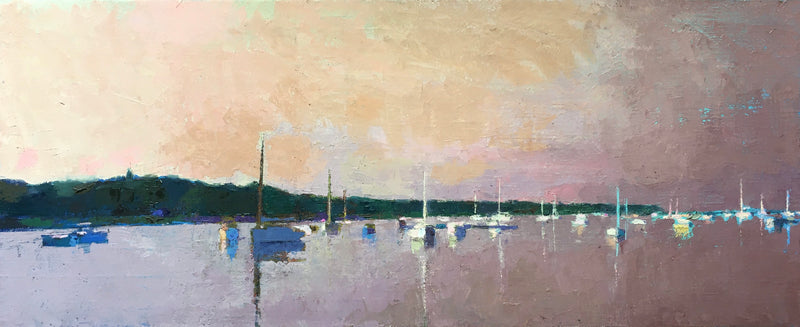 Oil painting by Larry Horowitz of a harbor filled with white sailboats at dusk. Dusty-rose and yellow sky are reflected across the water.