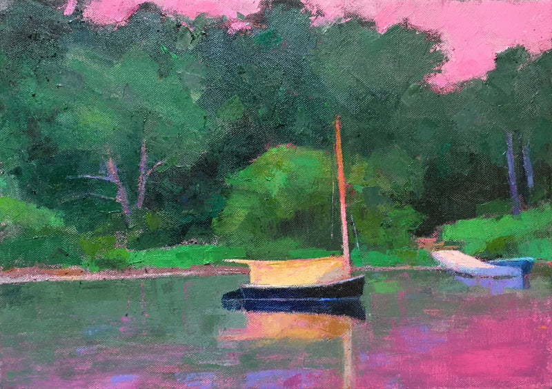 Oil painting by Larry Horowitz of a sailboat at sunset with green trees behind and pink sky reflected on the water