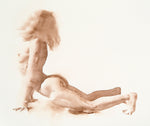 Nude painting by Wendy Artin of a man doing the upward dog yoga pose - propping himself up with his hands as his chest faces the sky